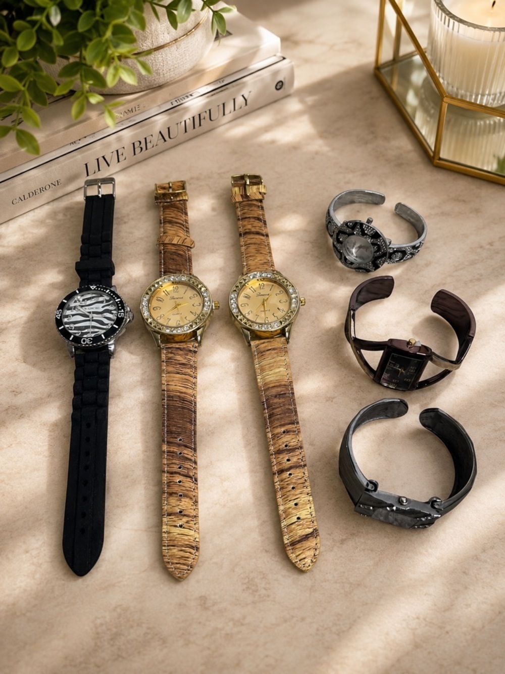 6 Piece Mixed Watch Bundle Studio Vivani Geneva Rhinestone Cuff Watches Untested